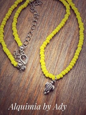 Yellow dainty beaded and Silver turtle Charm Necklace